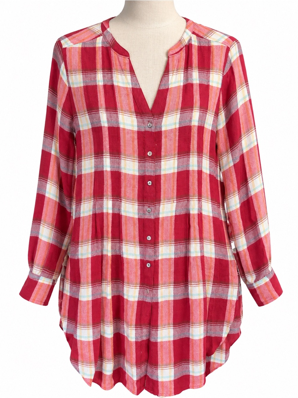 Akemi + Kin Anthropologie Plaid Tunic Shirt Red Pink Size Small Oversized Fall